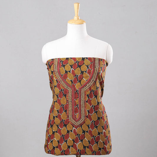Multicolor - Thread & Bead Work Embroidery Bagru Block Printing Cotton Kurti Material - 2.6 meter