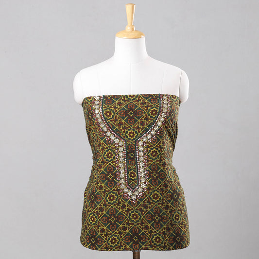 Green - Sequin Work Embroidery Ajrakh Block Printing Cotton Kurti Material - 2.6 meter