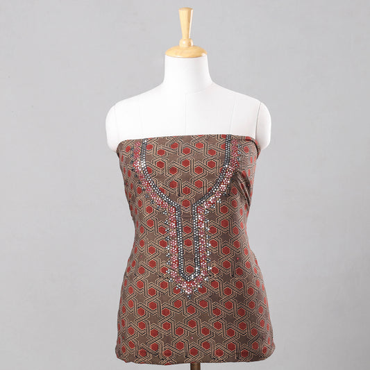 Brown - Sequin Work Embroidery Ajrakh Block Printing Cotton Kurti Material - 2.6 meter