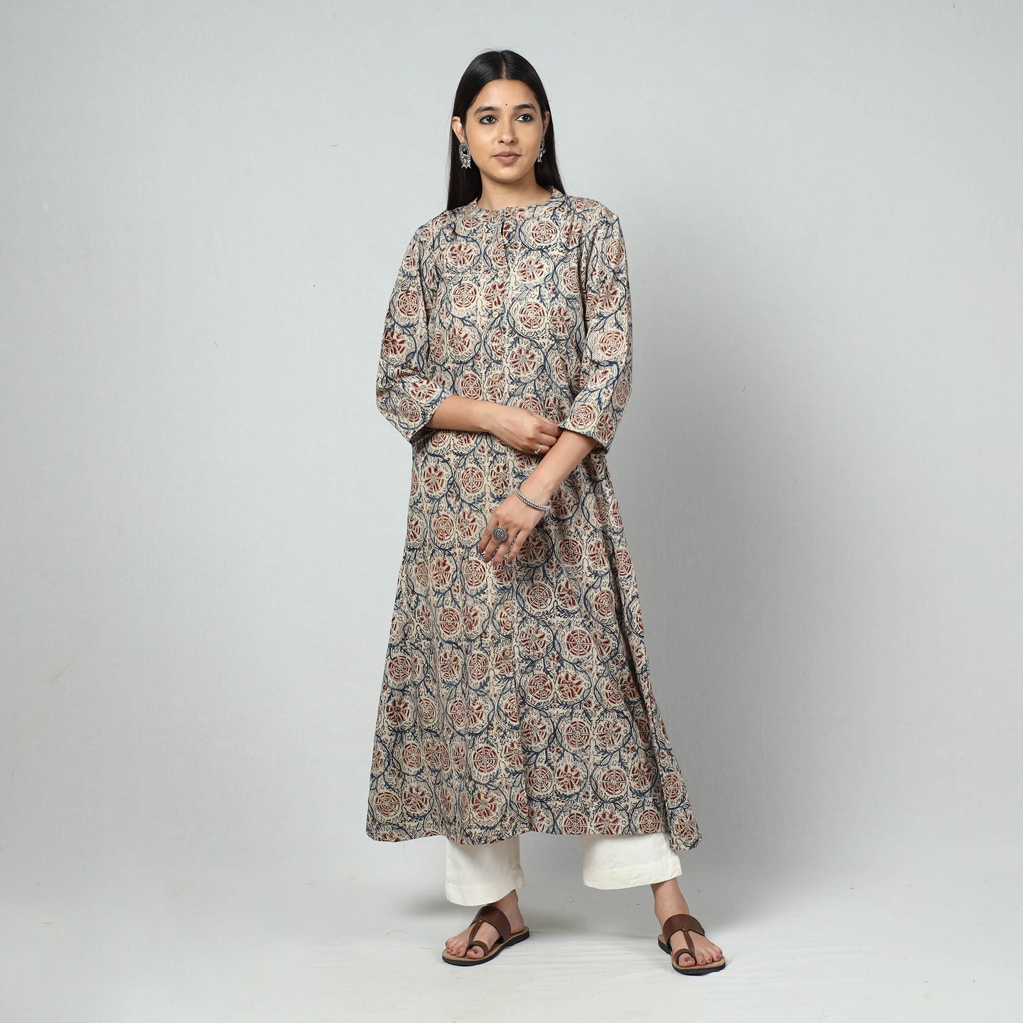 Buy Beige Block Print Cotton A-Line Kalamkari Kurta for Women