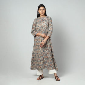 Buy Beige Block Print Cotton A-Line Kalamkari Kurta for Women