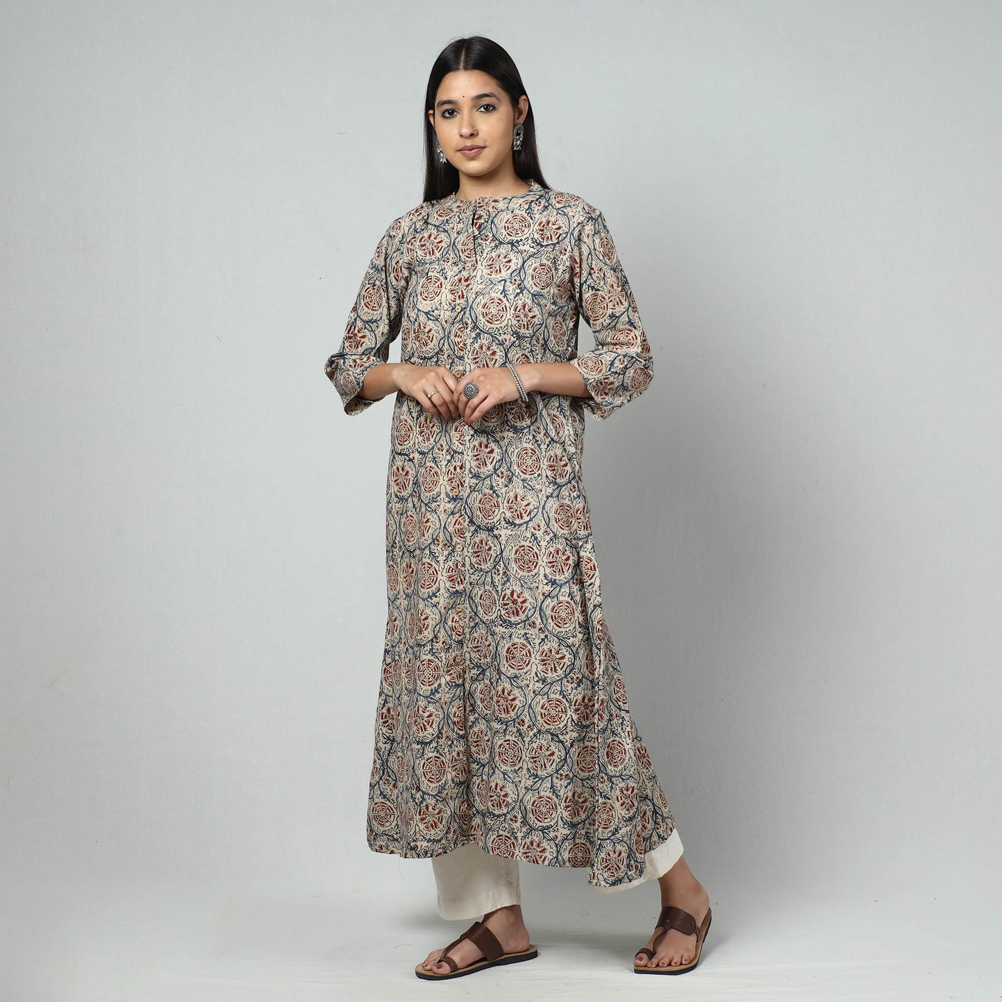 Buy Beige Block Print Cotton A-Line Kalamkari Kurta for Women
