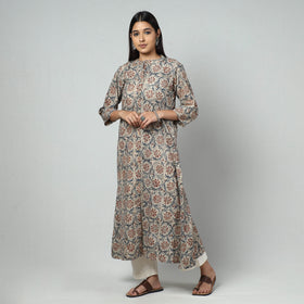 Buy Beige Block Print Cotton A-Line Kalamkari Kurta for Women
