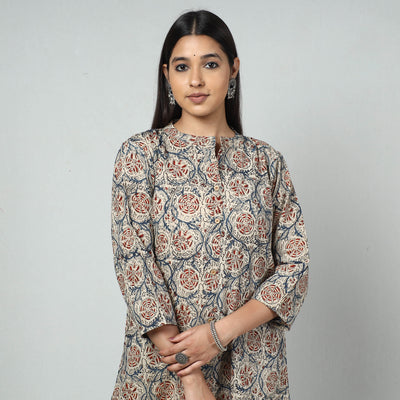 Buy Beige Block Print Cotton A-Line Kalamkari Kurta for Women