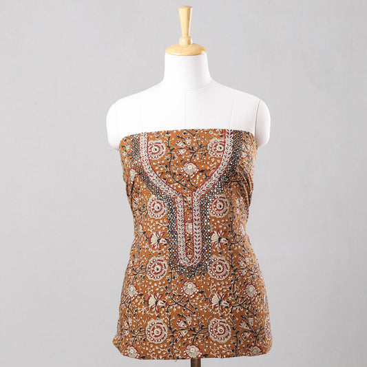 Brown - Sequin & Bead Work Embroidery Bagru Block Printing Cotton Kurti Material - 2.5 meter