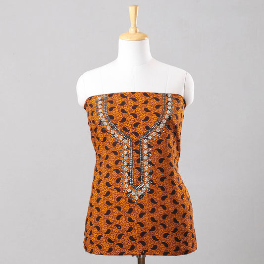 Orange - Zardozi & Bead Work Embroidery Bagh Block Printed Cotton Kurti Material - 2.5 meter