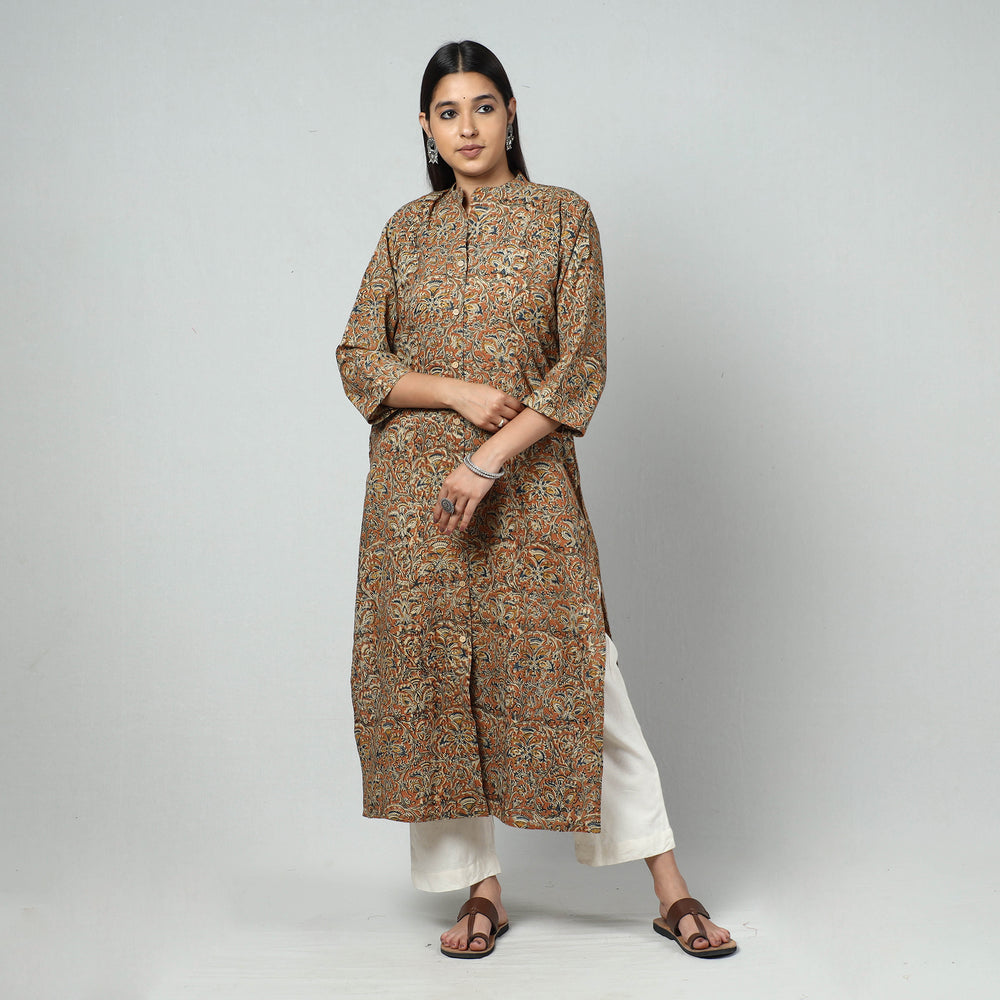 Brown - Kalamkari Block Printed Cotton Long Straight Kurta