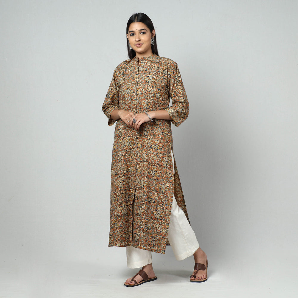 Brown - Kalamkari Block Printed Cotton Long Straight Kurta