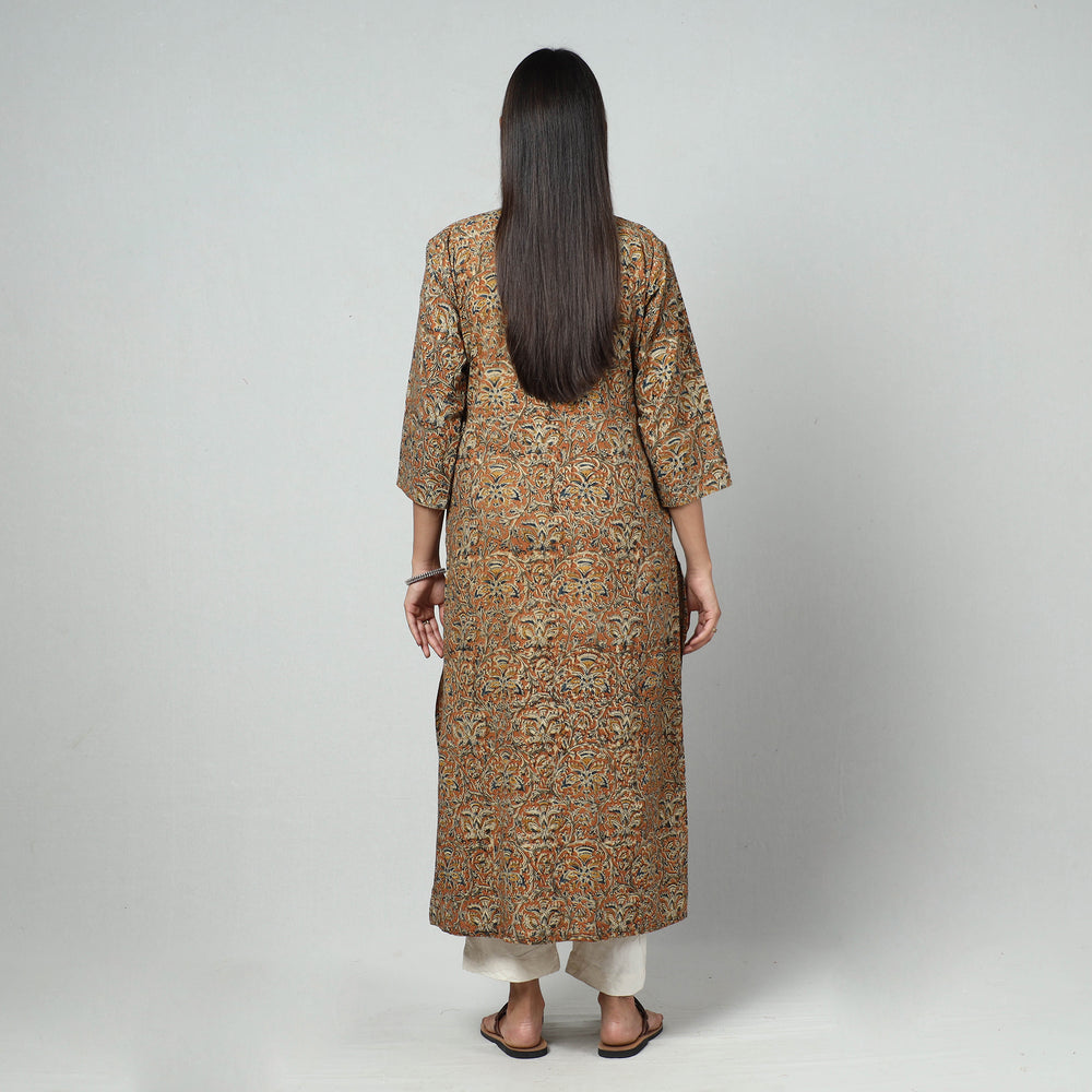 Brown - Kalamkari Block Printed Cotton Long Straight Kurta