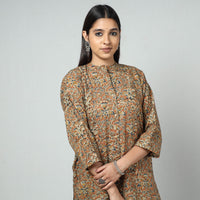 Brown - Kalamkari Block Printed Cotton Long Straight Kurta