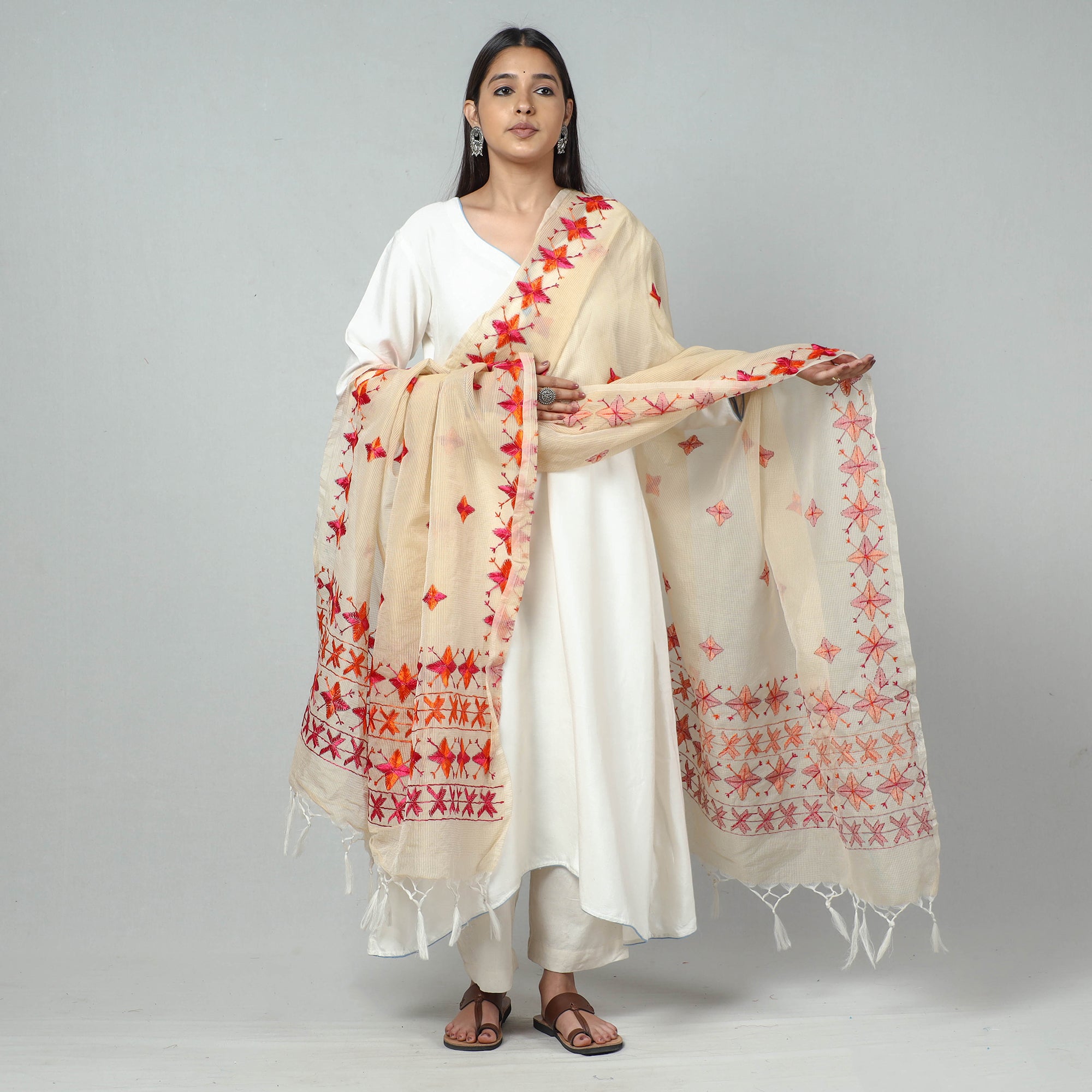 Beige Phulkari Hand Embroidery Kota Doria Silk Dupatta