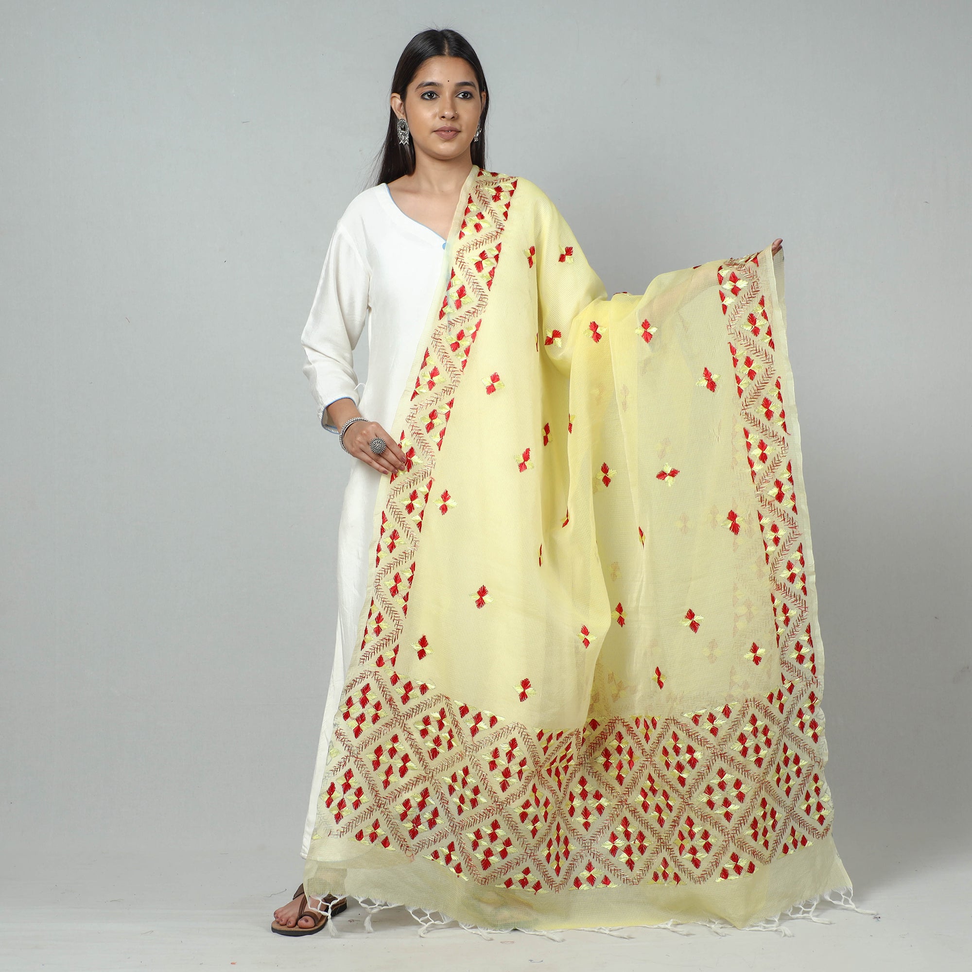 Yellow Phulkari Hand Embroidery Kota Doria Silk Dupatta