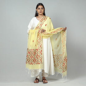 Yellow Phulkari Hand Embroidery Kota Doria Silk Dupatta