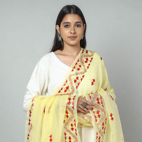 Yellow Phulkari Hand Embroidery Kota Doria Silk Dupatta