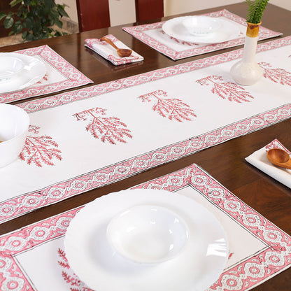 Sanganeri Block Printed Cotton Dining Table Runner, Mats (set of 6) & Napkins (set of 6)