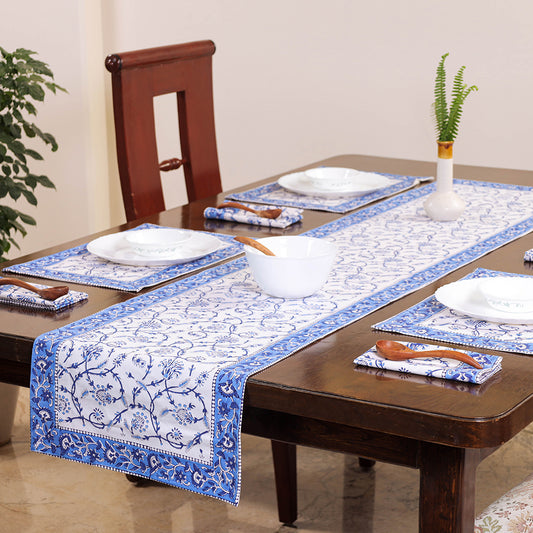 Sanganeri Block Printing Cotton Dining Table Runner, Mats (set of 6) & Napkins (set of 6)