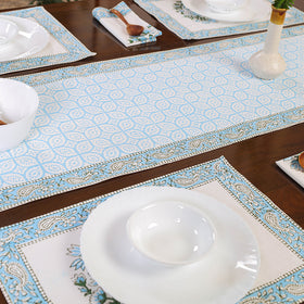 Blue - Sanganeri Print Cotton Table Runner with Mats & Napkins