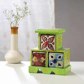  Neem Wood Hand Painted Blue Pottery Ceramic Triple Drawer 