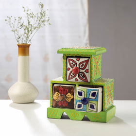  Neem Wood Hand Painted Blue Pottery Ceramic Triple Drawer 