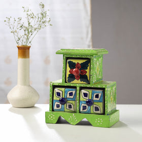  Neem Wood Hand Painted Blue Pottery Ceramic Triple Drawer 