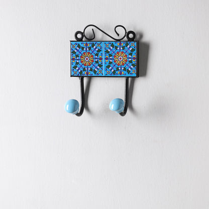 Original Blue Pottery Ceramic Tile Wall Hook Hanger (2 Peg)