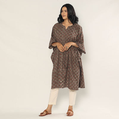 Brown - Bagru Dabu Hand Block Print Cotton Kaftan Dress (Medium)