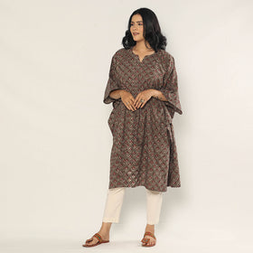 Brown - Bagru Dabu Hand Block Print Cotton Kaftan Dress (Medium)
