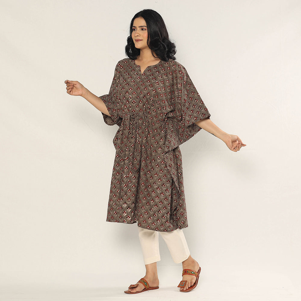 Brown - Bagru Dabu Hand Block Print Cotton Kaftan Dress (Medium)