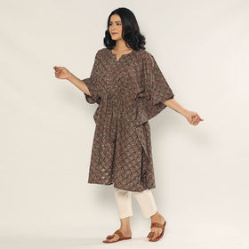 Brown - Bagru Dabu Hand Block Print Cotton Kaftan Dress (Medium)