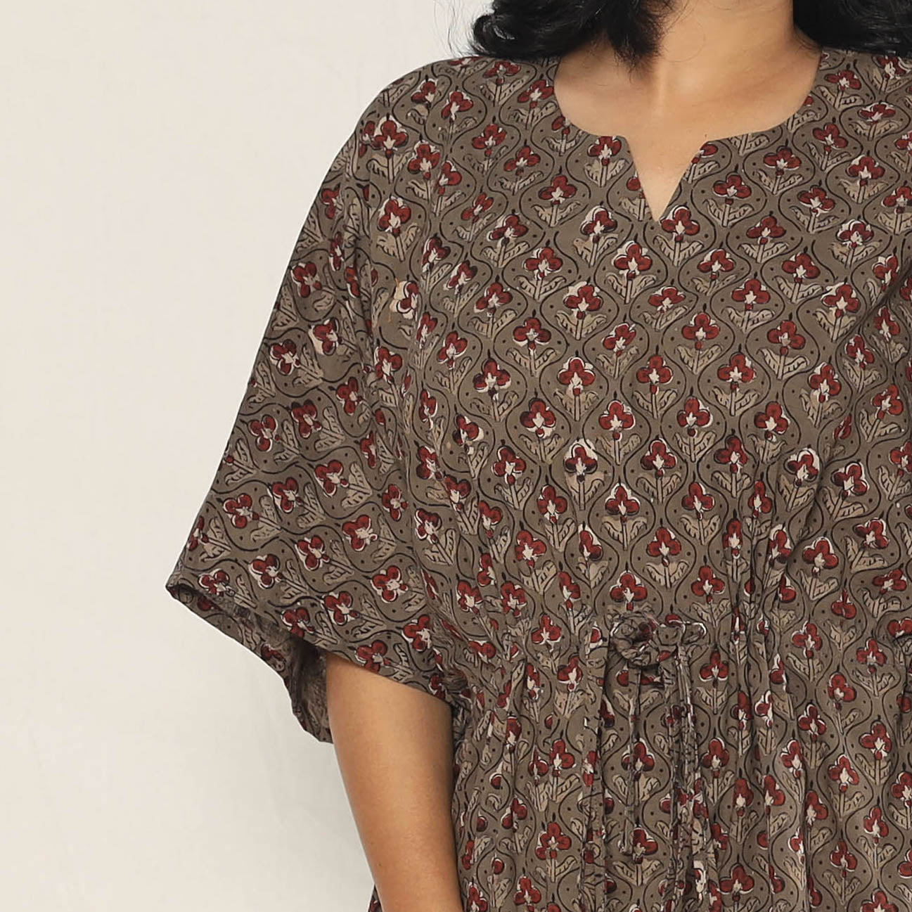 Brown - Bagru Dabu Hand Block Print Cotton Kaftan Dress (Medium)