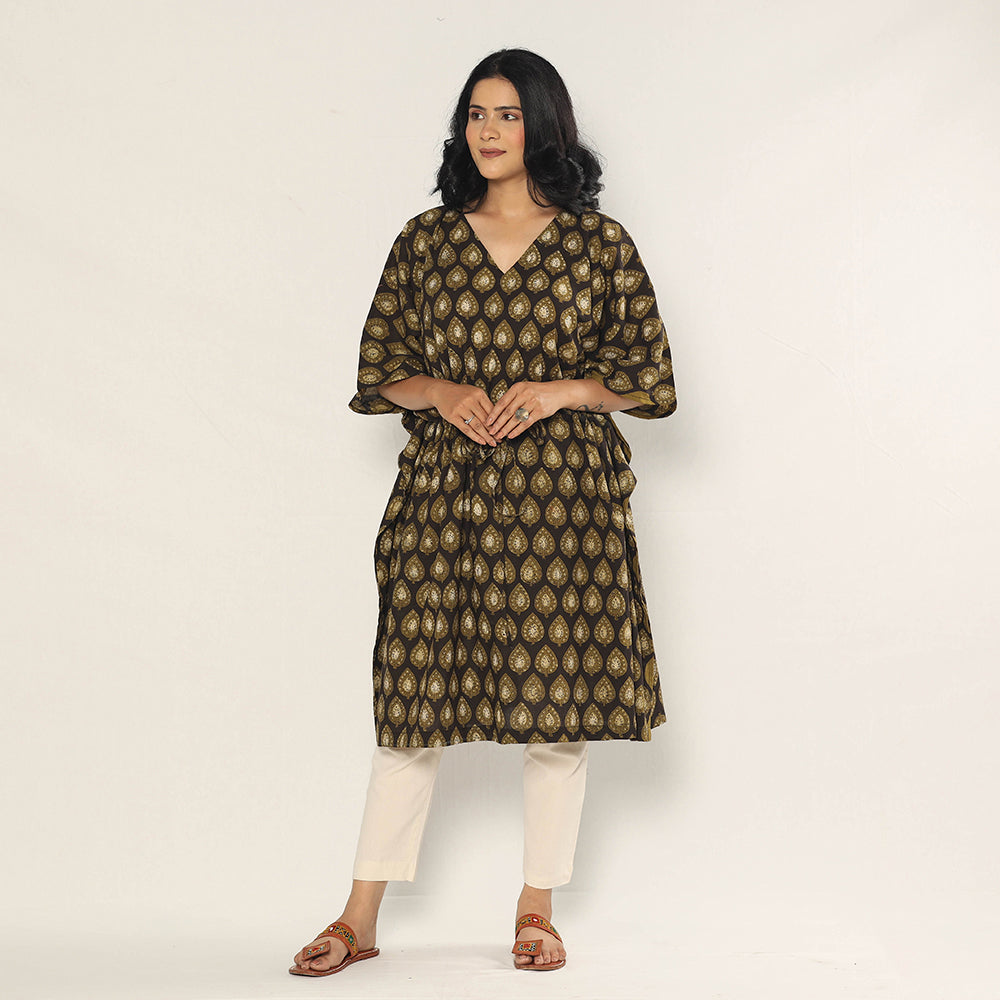 Brown - Bagru Dabu Hand Block Print Cotton Kaftan Dress (Medium)