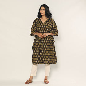 Brown - Bagru Dabu Hand Block Print Cotton Kaftan Dress (Medium)