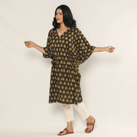 Brown - Bagru Dabu Hand Block Print Cotton Kaftan Dress (Medium)