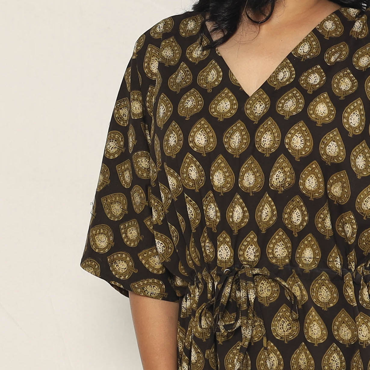 Brown - Bagru Dabu Hand Block Print Cotton Kaftan Dress (Medium)