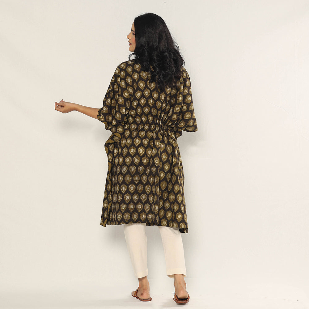 Brown - Bagru Dabu Hand Block Print Cotton Kaftan Dress (Medium)