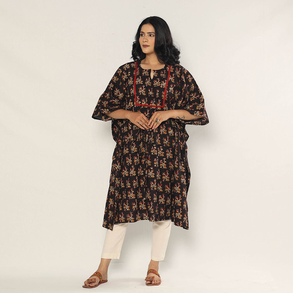 Black - Bagru Dabu Hand Block Print Cotton Kaftan Dress (Medium)
