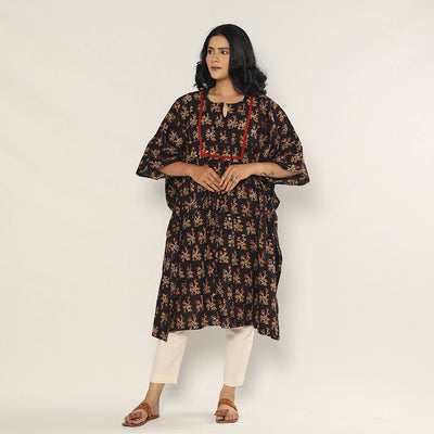 Black - Bagru Dabu Hand Block Print Cotton Kaftan Dress (Medium)