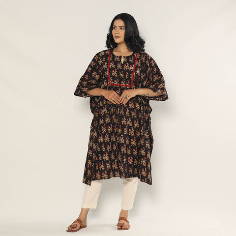 Black - Bagru Dabu Block Printing Cotton Kaftan Dress (Medium)