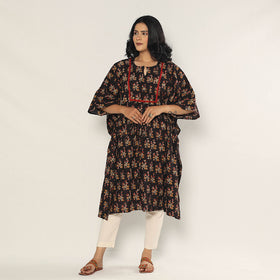Black - Bagru Dabu Hand Block Print Cotton Kaftan Dress (Medium)