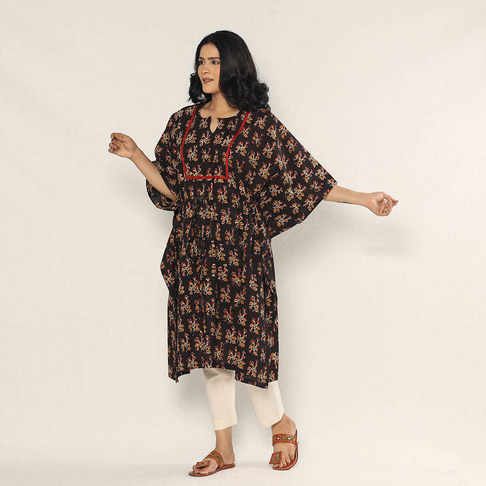 Black - Bagru Dabu Hand Block Print Cotton Kaftan Dress (Medium)