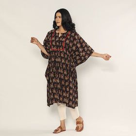 Black - Bagru Dabu Hand Block Print Cotton Kaftan Dress (Medium)