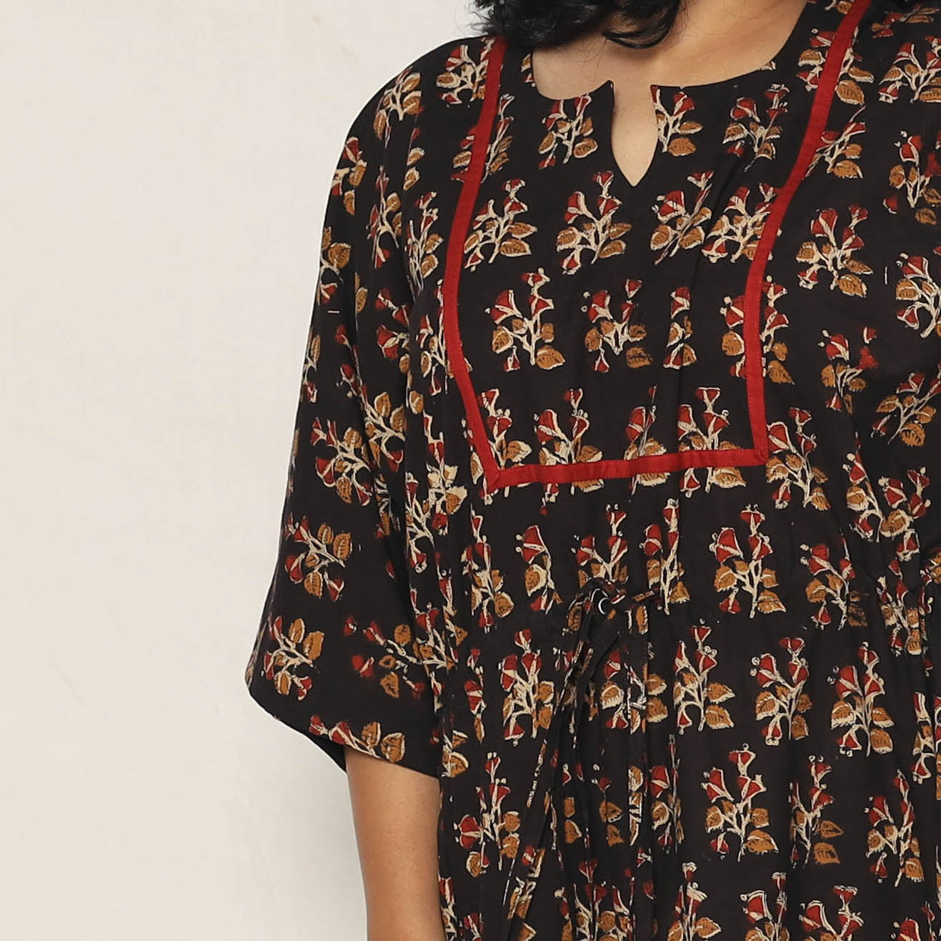 Black - Bagru Dabu Hand Block Print Cotton Kaftan Dress (Medium)