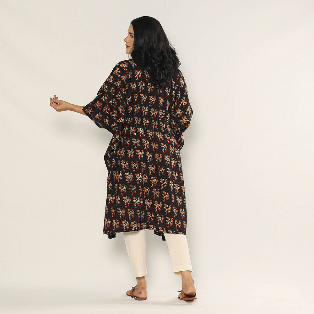 Black - Bagru Dabu Hand Block Print Cotton Kaftan Dress (Medium)