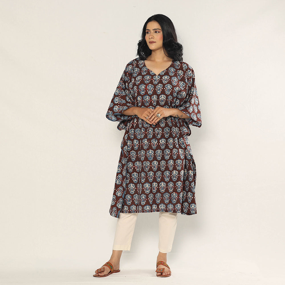 Maroon - Bagru Dabu Hand Block Print Cotton Kaftan Dress (Medium)