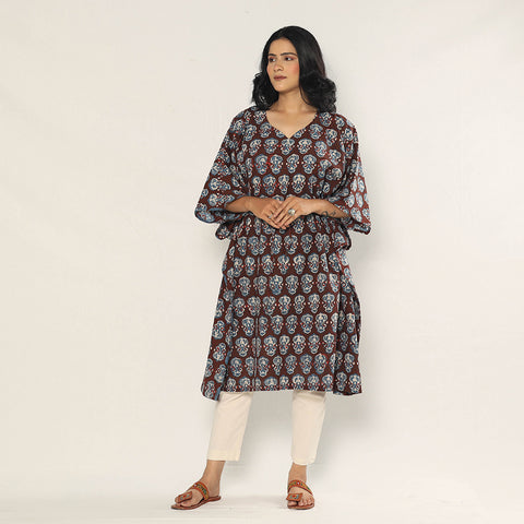 Maroon - Bagru Dabu Block Printing Cotton Kaftan Dress (Medium)