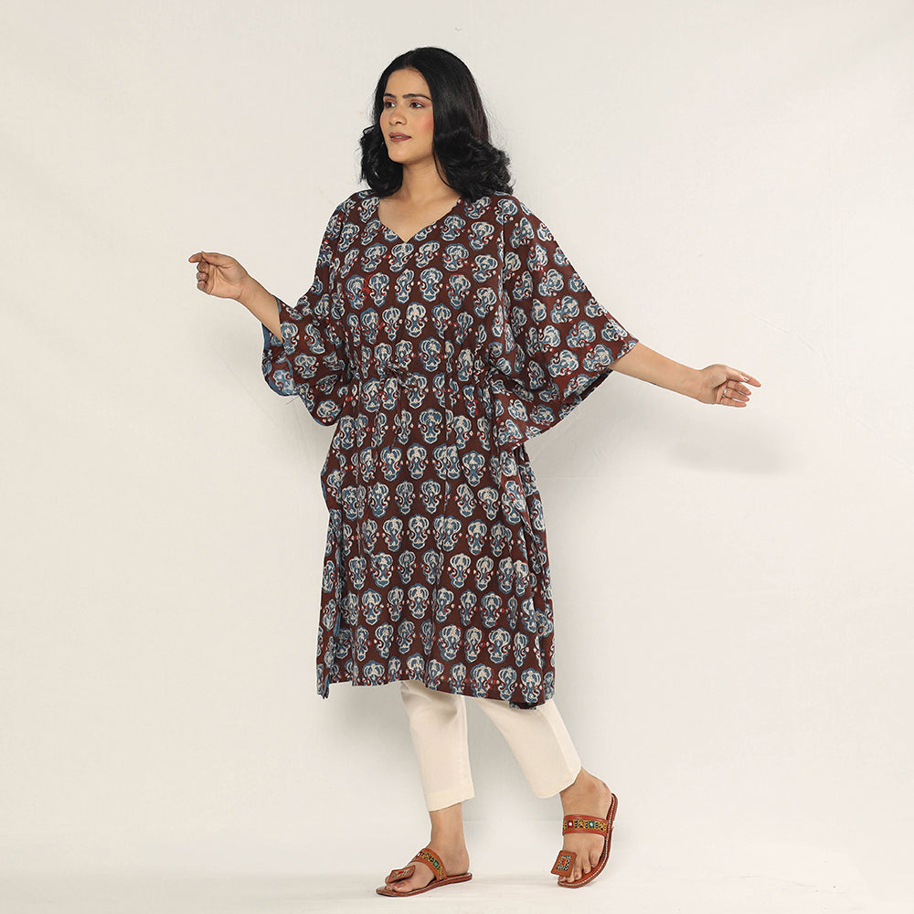 Maroon - Bagru Dabu Hand Block Print Cotton Kaftan Dress (Medium)