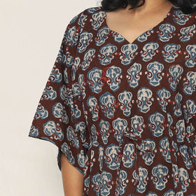 Maroon - Bagru Dabu Hand Block Print Cotton Kaftan Dress (Medium)