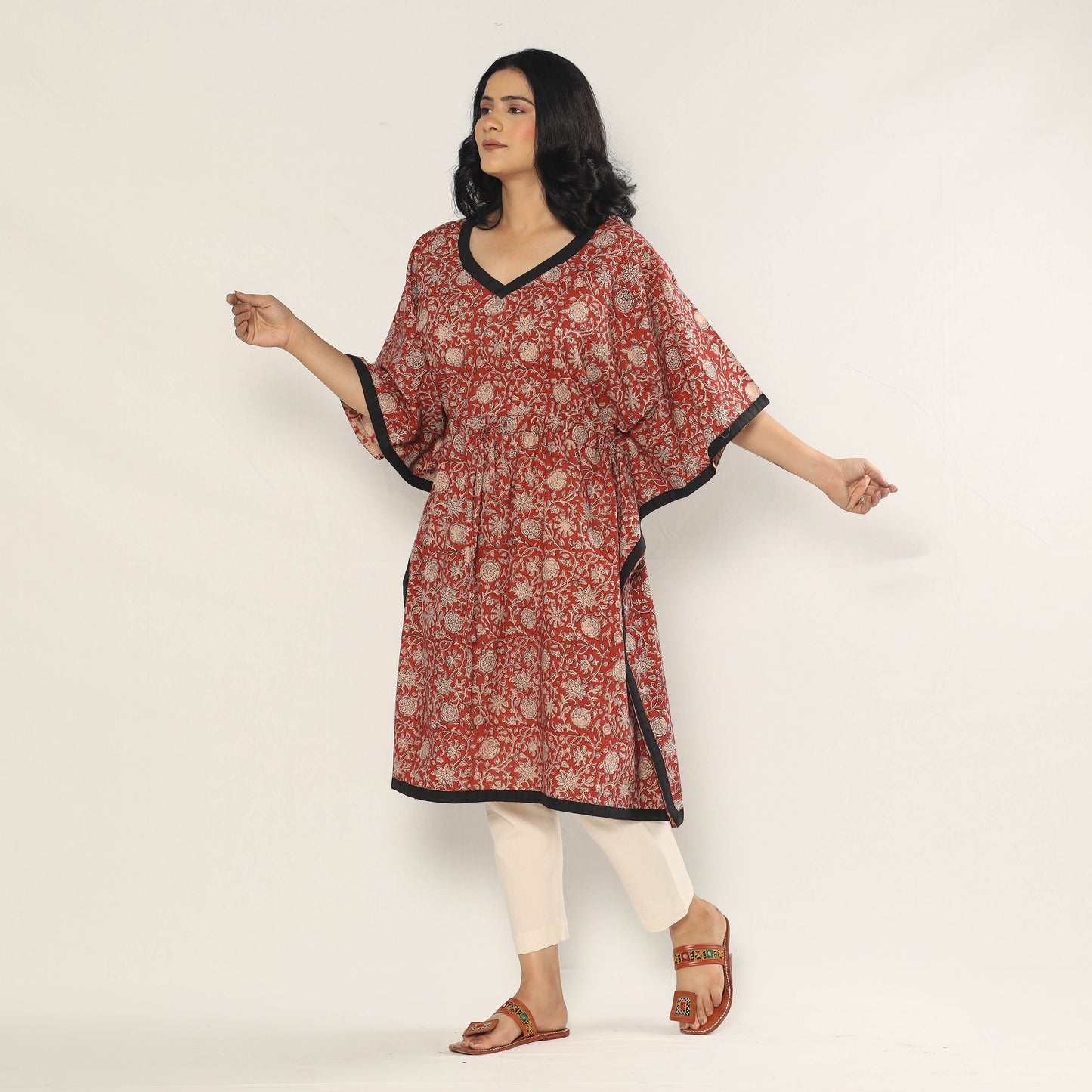 Red - Bagru Dabu Hand Block Print Cotton Kaftan Dress (Medium)