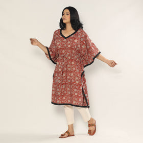 Red - Bagru Dabu Hand Block Print Cotton Kaftan Dress (Medium)