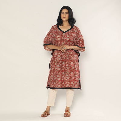 Red - Bagru Dabu Hand Block Print Cotton Kaftan Dress (Medium)